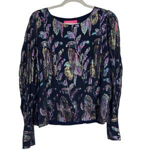 Lilly Pulitzer Lambert Navy Metallic Sparkle Long Sleeve Silk Top, Size S, EUC
